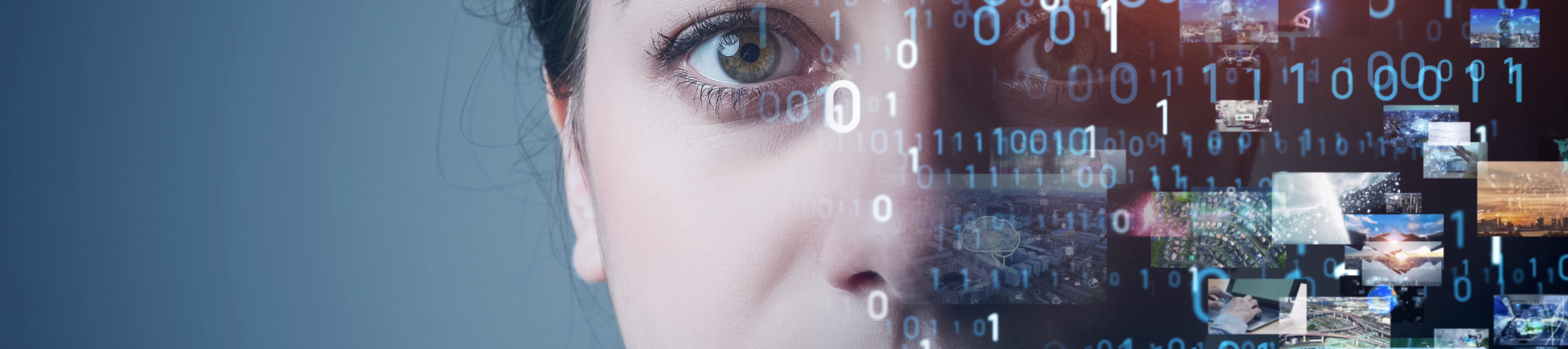 Image Brunette womans face withthe top half of a woman wearing glasses looking at her laptop, rest of her face covered by laptop